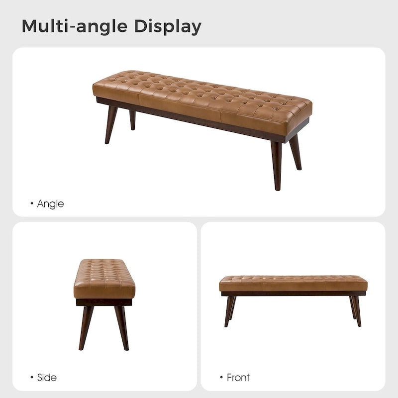 55.5-Inch Genuine Leather Tufted Bench with Solid Wood Base