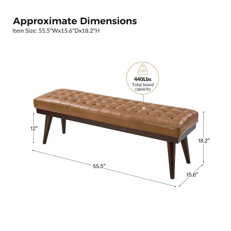 55.5-Inch Genuine Leather Tufted Bench with Solid Wood Base