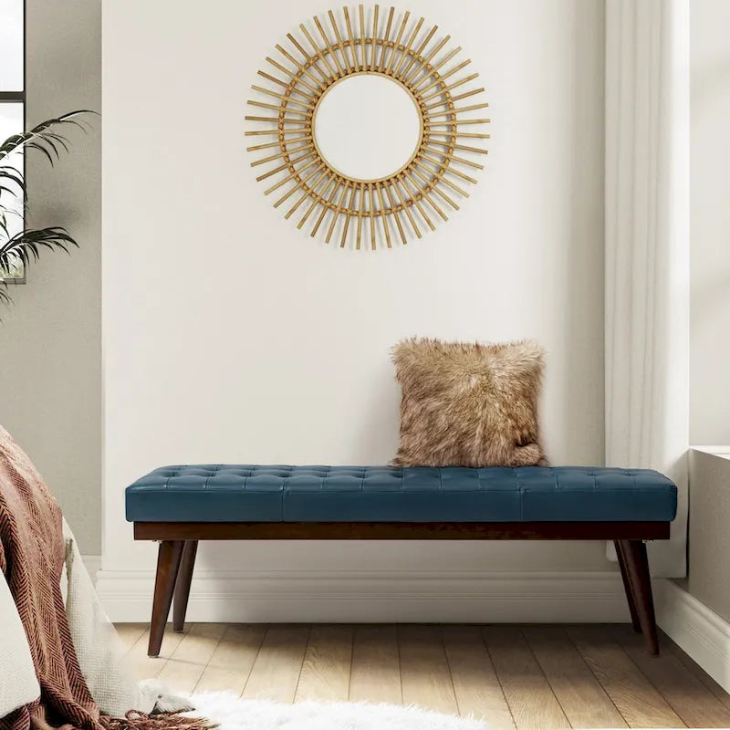 55.5-Inch Genuine Leather Tufted Bench with Solid Wood Base
