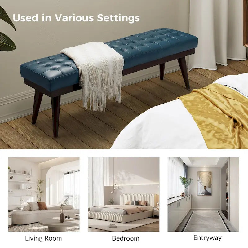 55.5-Inch Genuine Leather Tufted Bench with Solid Wood Base