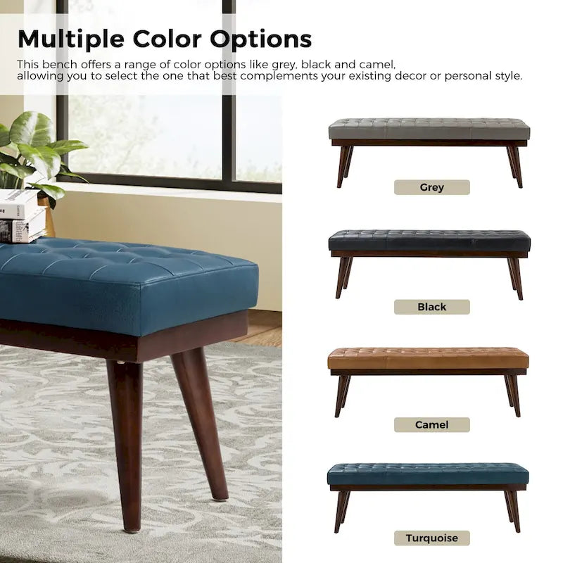 55.5-Inch Genuine Leather Tufted Bench with Solid Wood Base