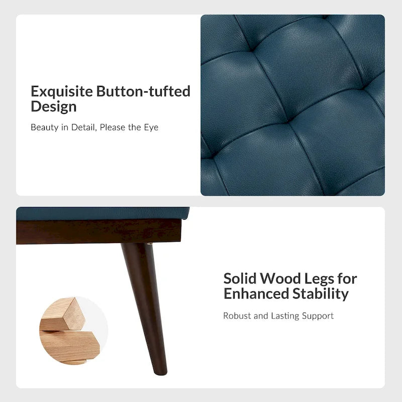 55.5-Inch Genuine Leather Tufted Bench with Solid Wood Base