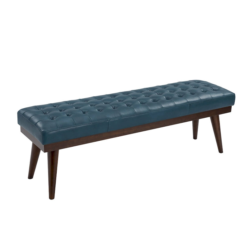55.5-Inch Genuine Leather Tufted Bench with Solid Wood Base