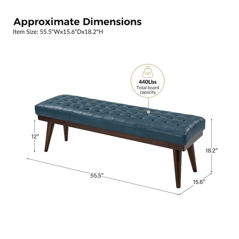 55.5-Inch Genuine Leather Tufted Bench with Solid Wood Base