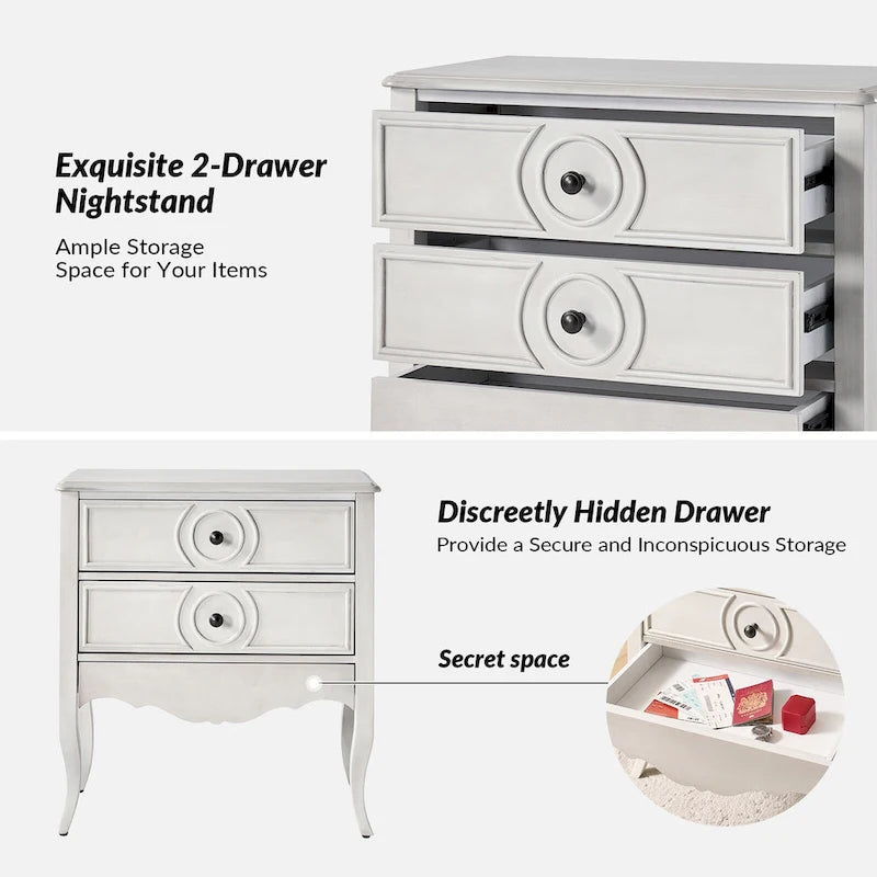 Three-Drawer Nightstand with Hidden Drawer and Charging Station