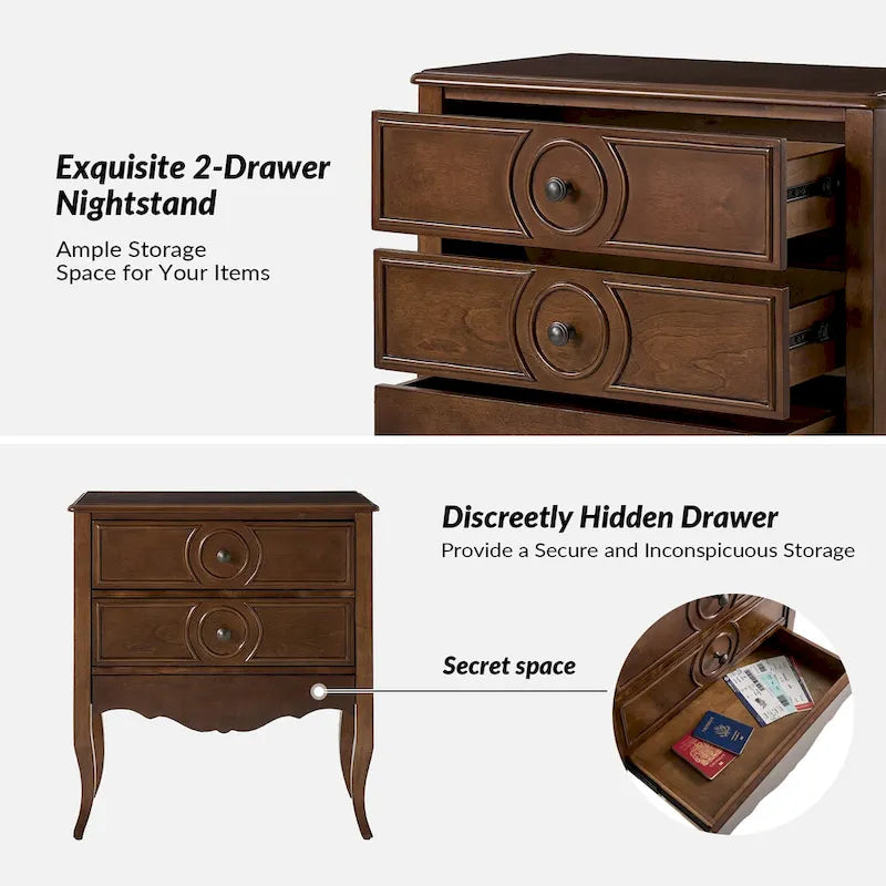 Three-Drawer Nightstand with Hidden Drawer and Charging Station
