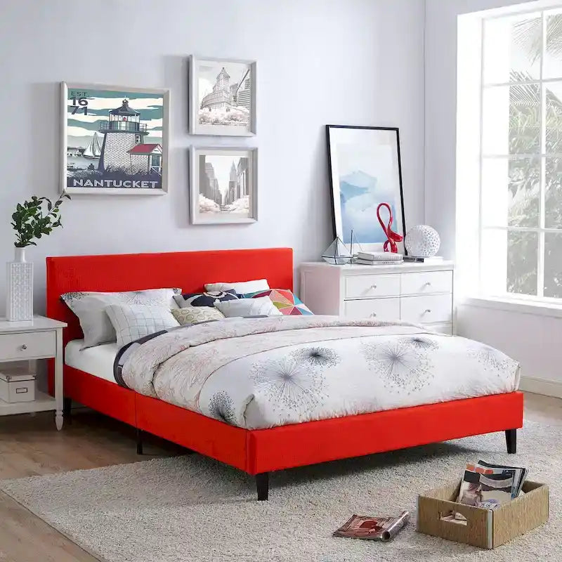 Queen Bed Frame with Padded Headboard and Wood Slats