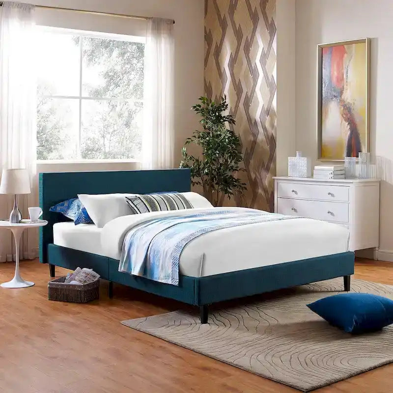 Queen Bed Frame with Padded Headboard and Wood Slats