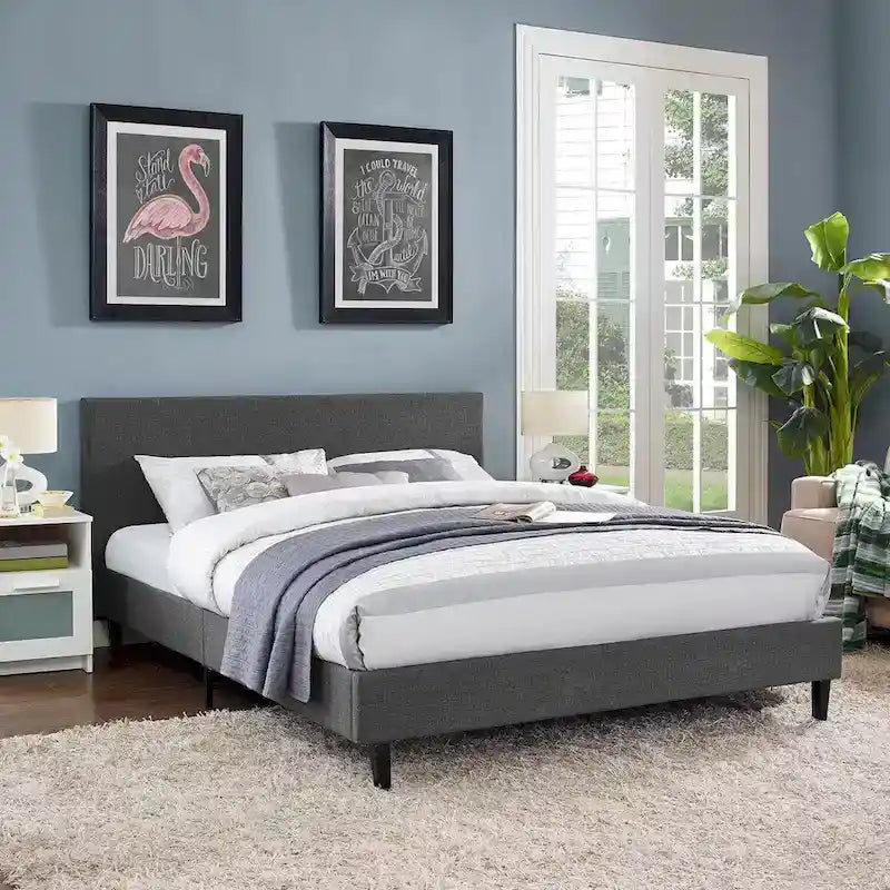 Queen Bed Frame with Padded Headboard and Wood Slats