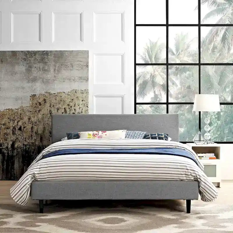 Queen Bed Frame with Padded Headboard and Wood Slats