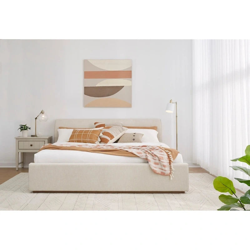 Natural Linen Upholstered Platform Bed with Sleigh-Style Headboard