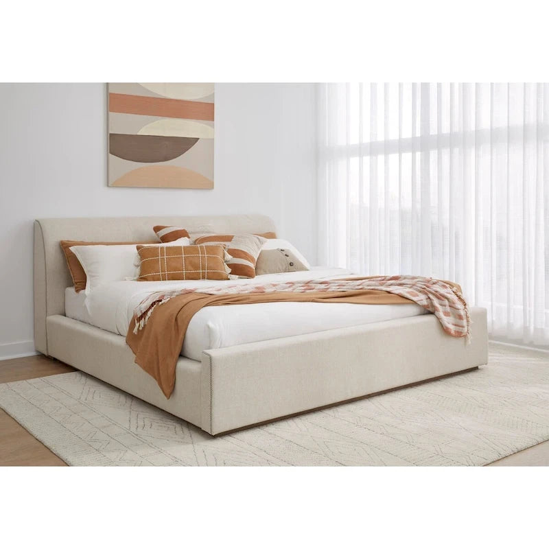 Natural Linen Upholstered Platform Bed with Sleigh-Style Headboard