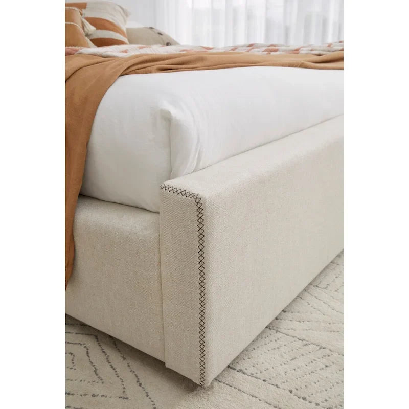 Natural Linen Upholstered Platform Bed with Sleigh-Style Headboard