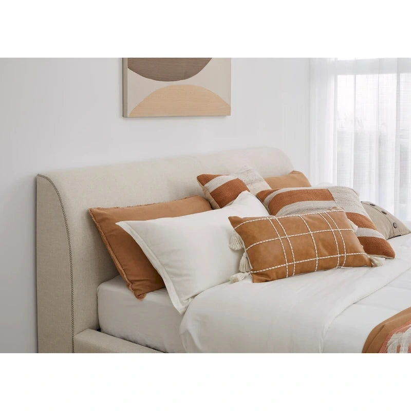 Natural Linen Upholstered Platform Bed with Sleigh-Style Headboard