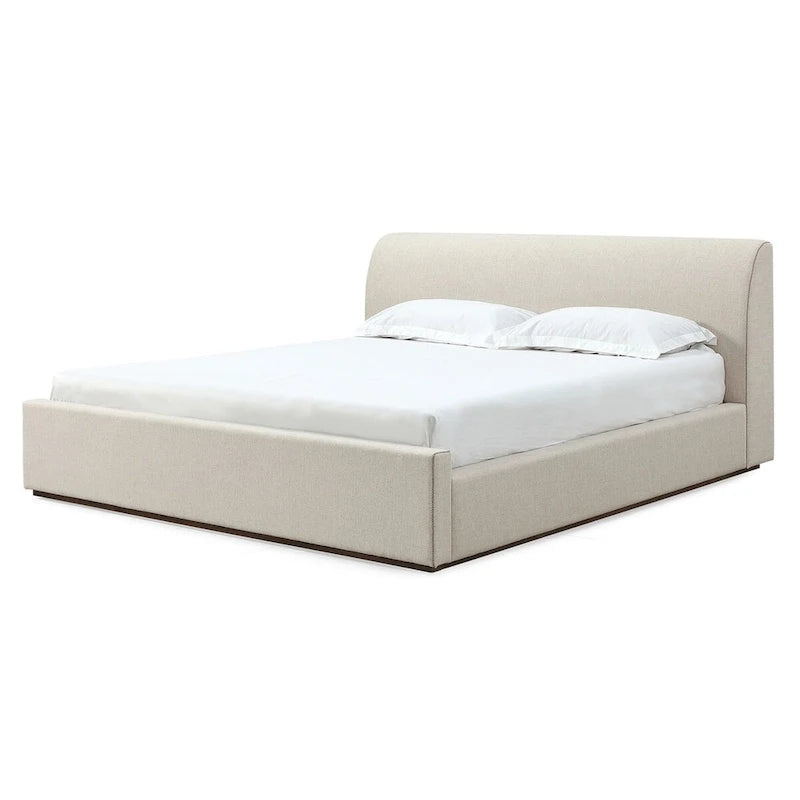 Natural Linen Upholstered Platform Bed with Sleigh-Style Headboard