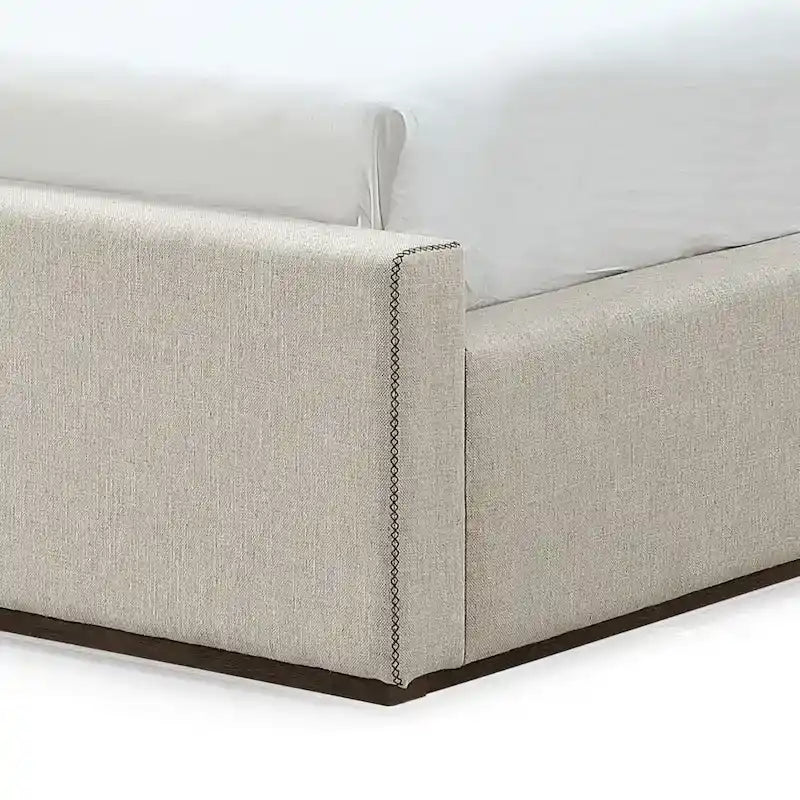 Natural Linen Upholstered Platform Bed with Sleigh-Style Headboard
