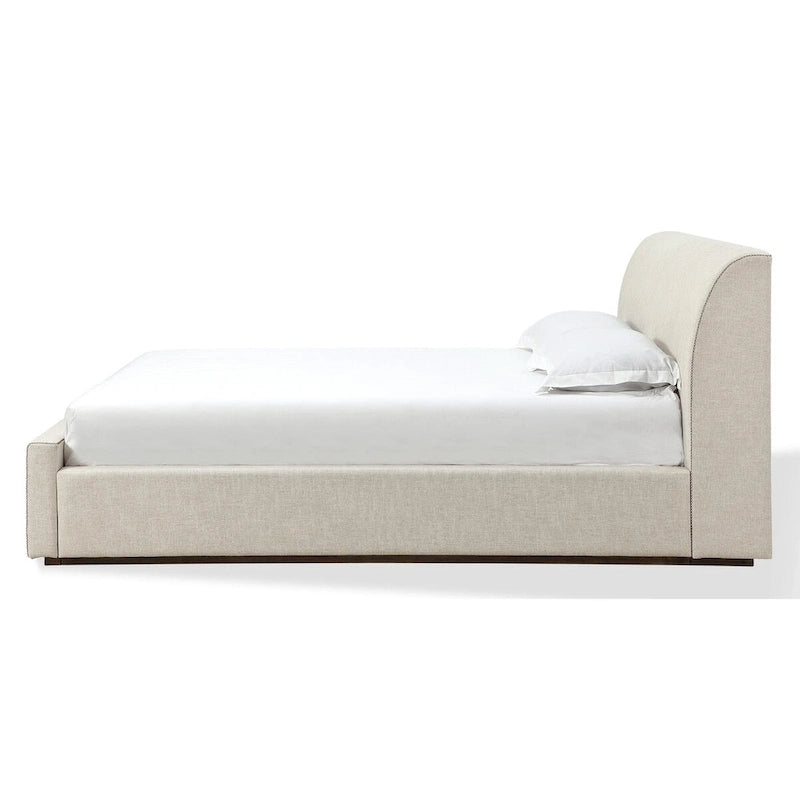 Natural Linen Upholstered Platform Bed with Sleigh-Style Headboard