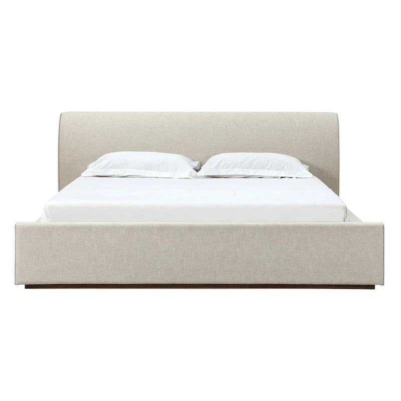 Natural Linen Upholstered Platform Bed with Sleigh-Style Headboard