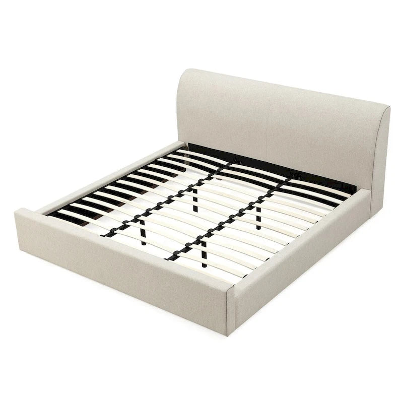 Natural Linen Upholstered Platform Bed with Sleigh-Style Headboard