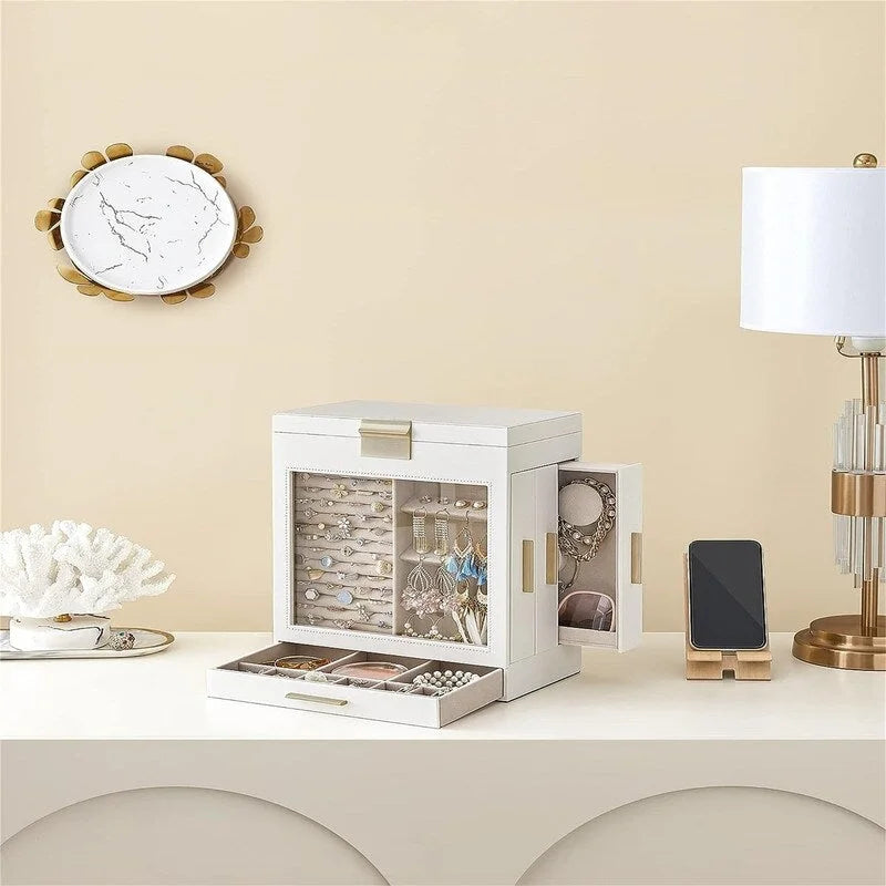 White and Gold Jewelry Box with Glass Window and Mirror