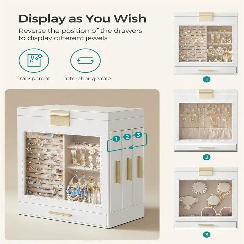 White and Gold Jewelry Box with Glass Window and Mirror
