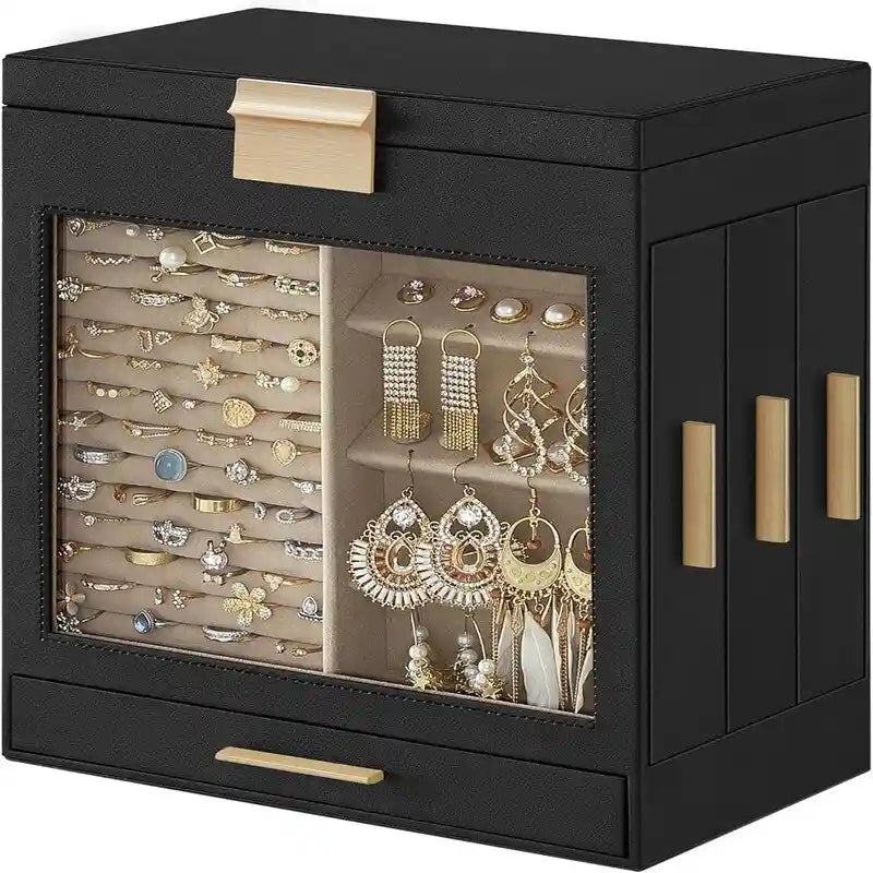 White and Gold Jewelry Box with Glass Window and Mirror