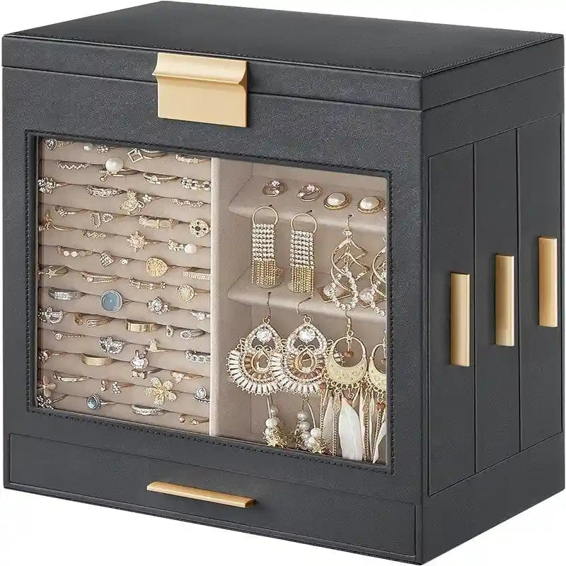 White and Gold Jewelry Box with Glass Window and Mirror