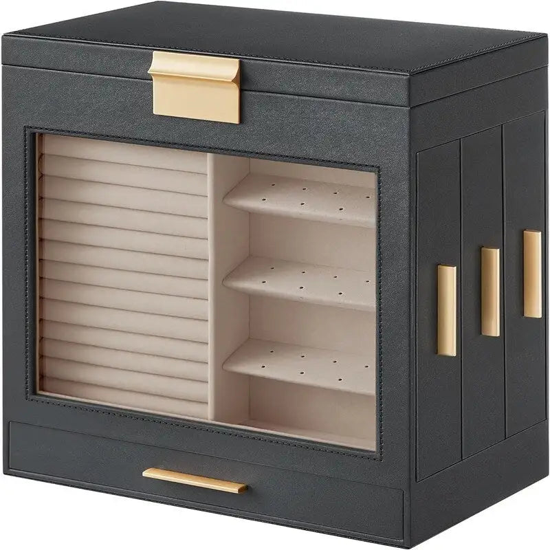 White and Gold Jewelry Box with Glass Window and Mirror