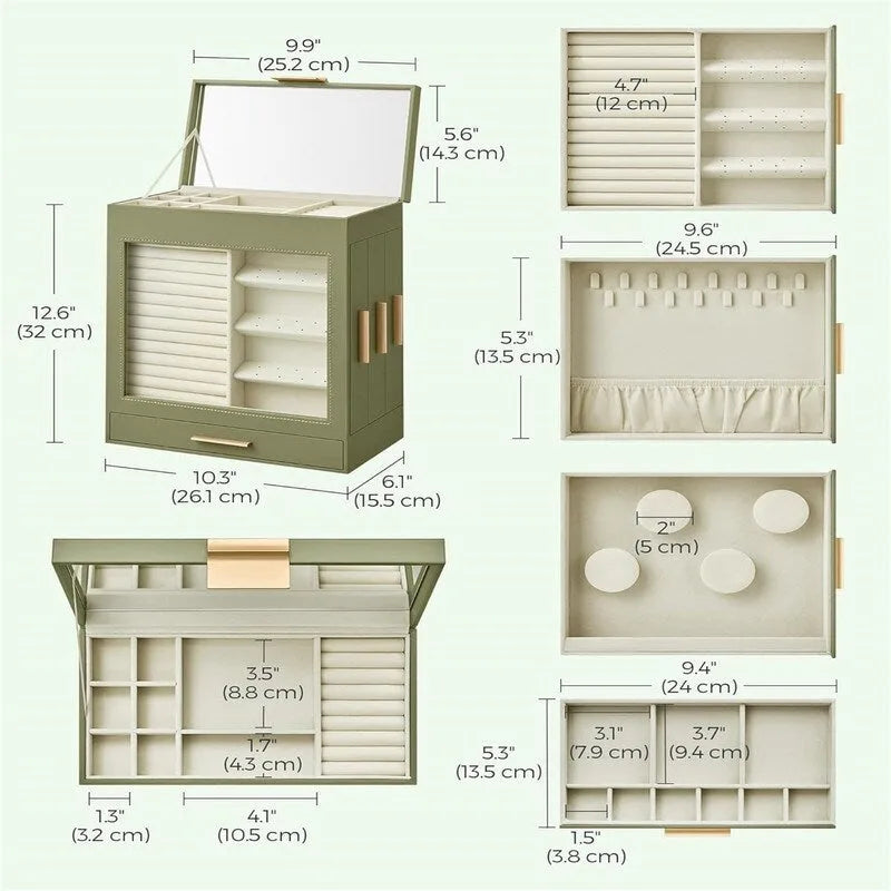 White and Gold Jewelry Box with Glass Window and Mirror