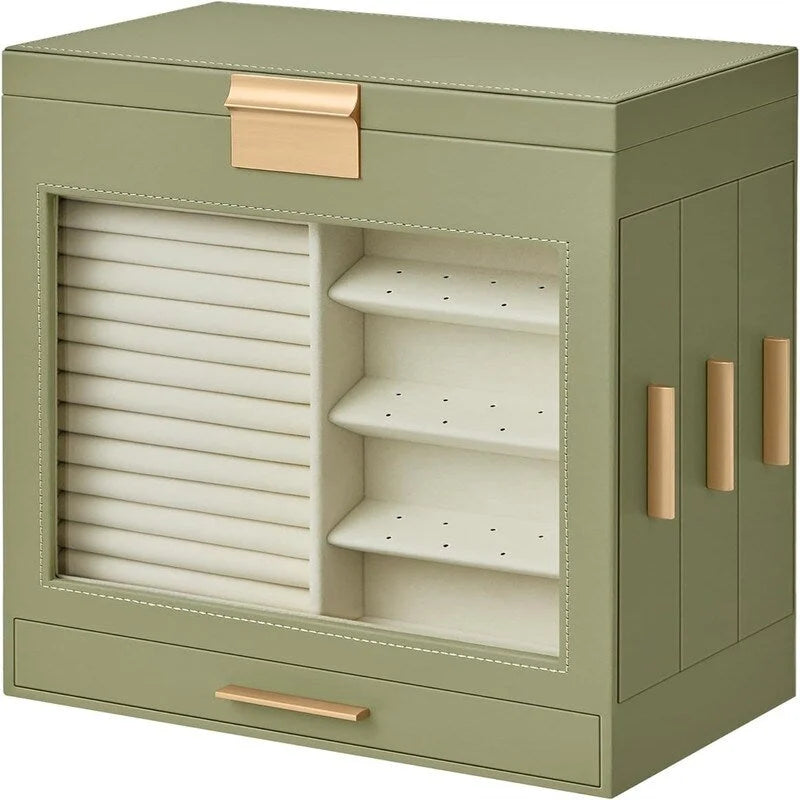 White and Gold Jewelry Box with Glass Window and Mirror