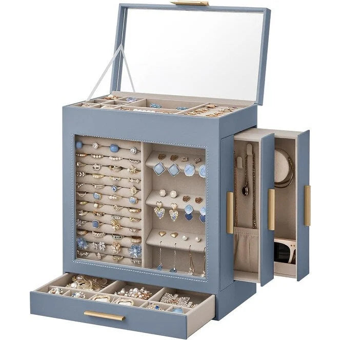 White and Gold Jewelry Box with Glass Window and Mirror