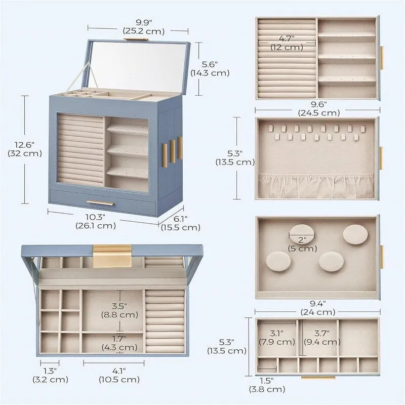 White and Gold Jewelry Box with Glass Window and Mirror