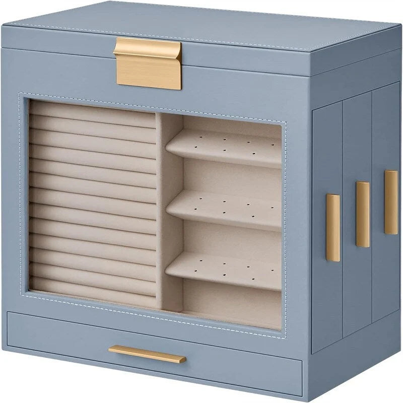 White and Gold Jewelry Box with Glass Window and Mirror
