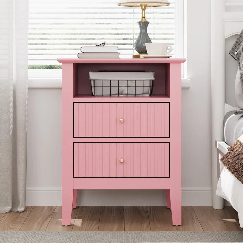 White Two-Drawer Nightstand with Charging Station and Open Shelf