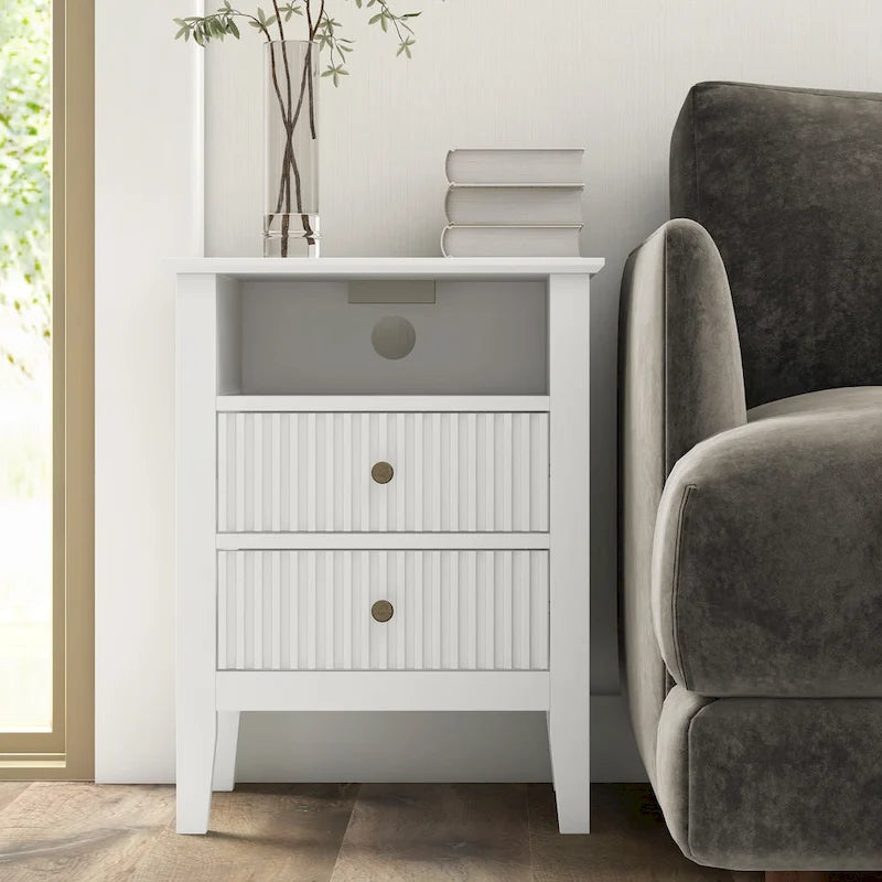 White Two-Drawer Nightstand with Charging Station and Open Shelf