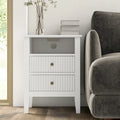 White Two-Drawer Nightstand with Charging Station and Open Shelf