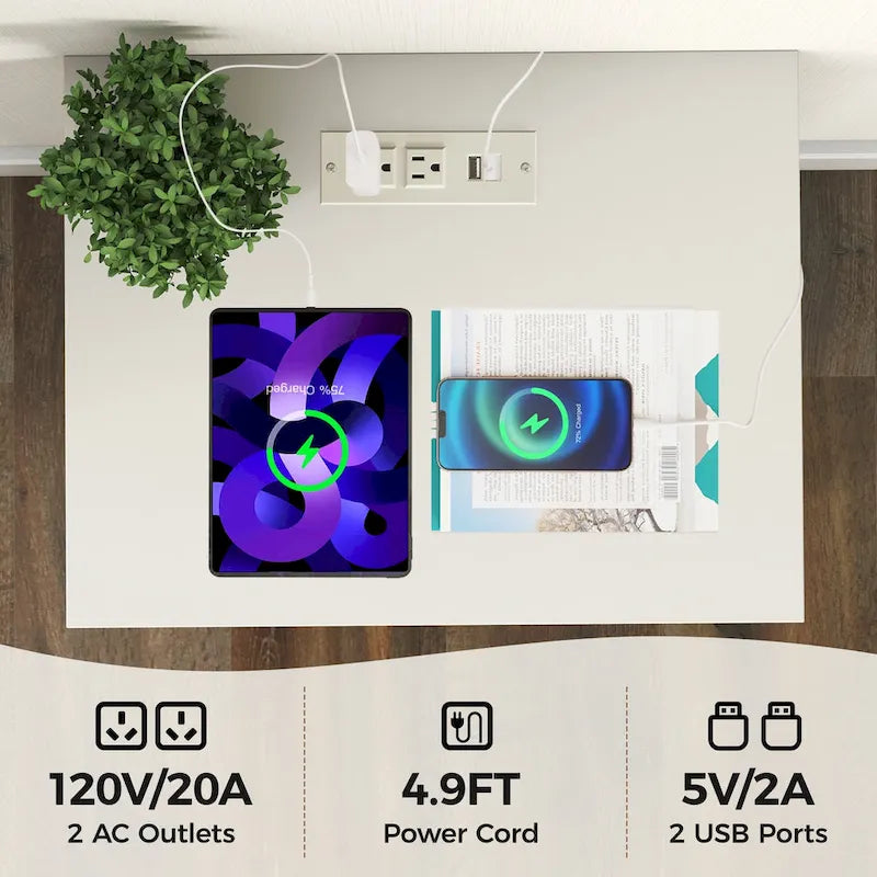 White Two-Drawer Nightstand with Charging Station and Open Shelf