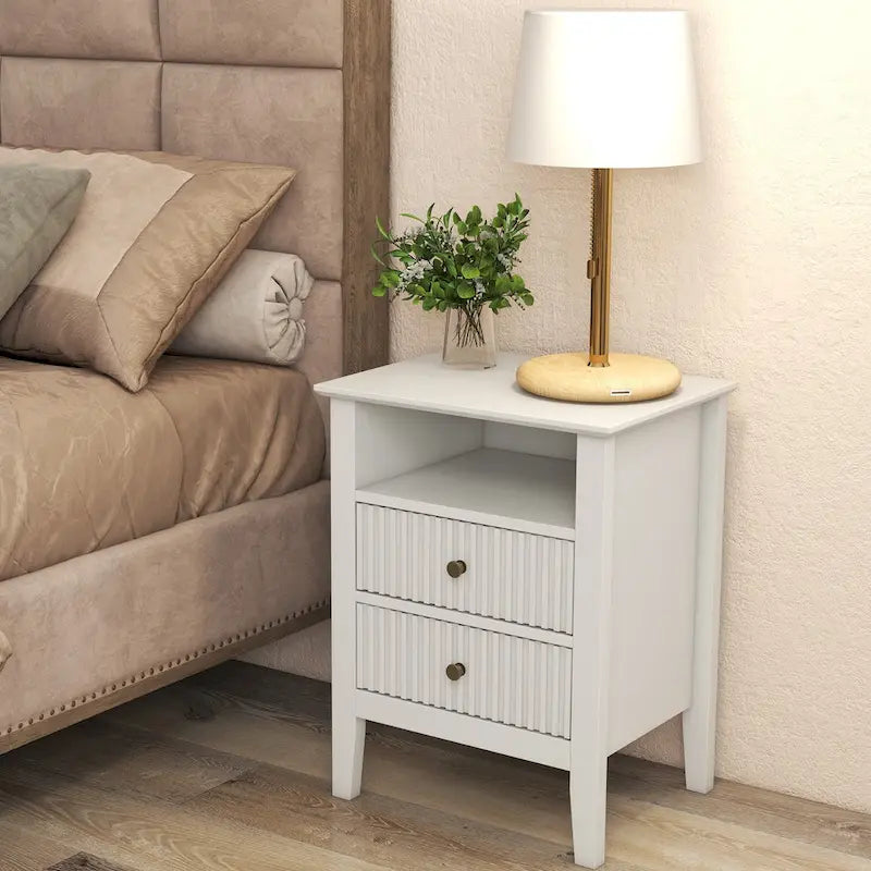 White Two-Drawer Nightstand with Charging Station and Open Shelf
