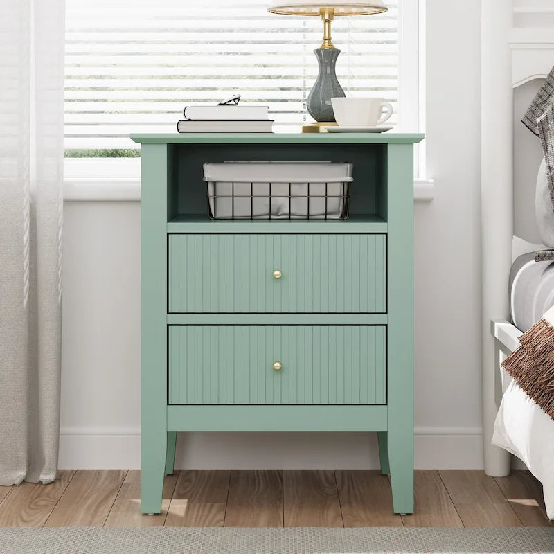 White Two-Drawer Nightstand with Charging Station and Open Shelf