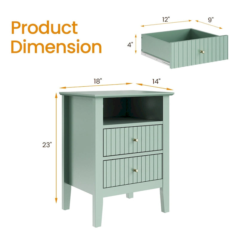 White Two-Drawer Nightstand with Charging Station and Open Shelf