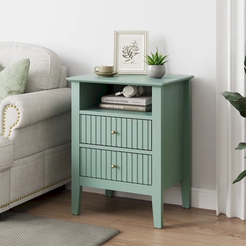 White Two-Drawer Nightstand with Charging Station and Open Shelf