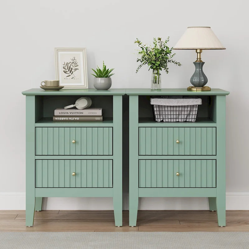 White Two-Drawer Nightstand with Charging Station and Open Shelf