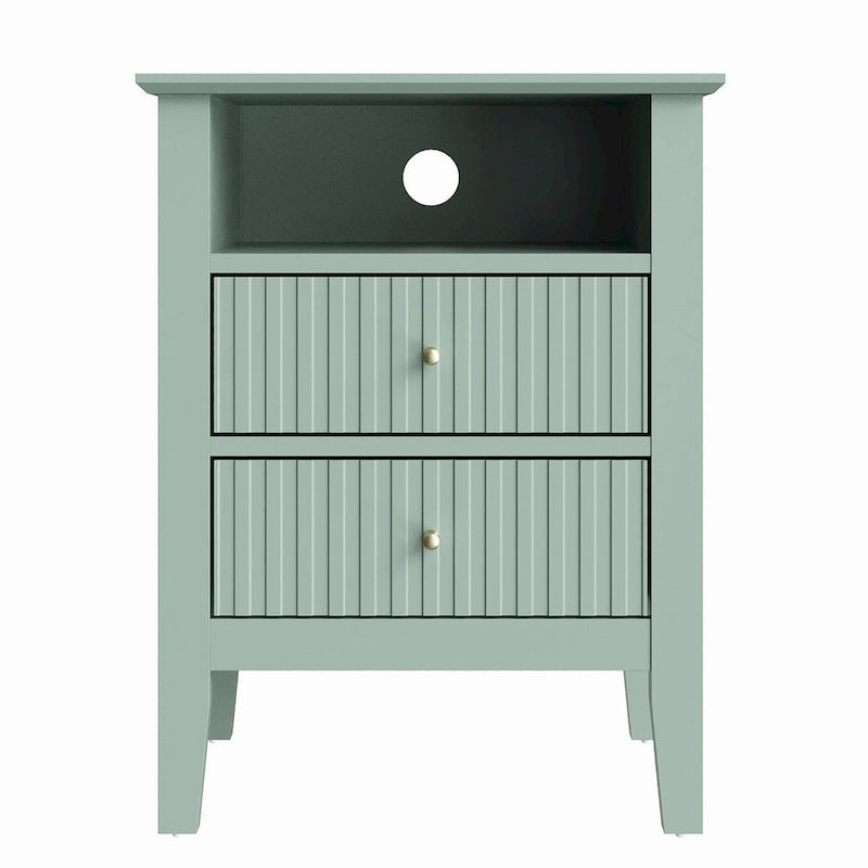 White Two-Drawer Nightstand with Charging Station and Open Shelf