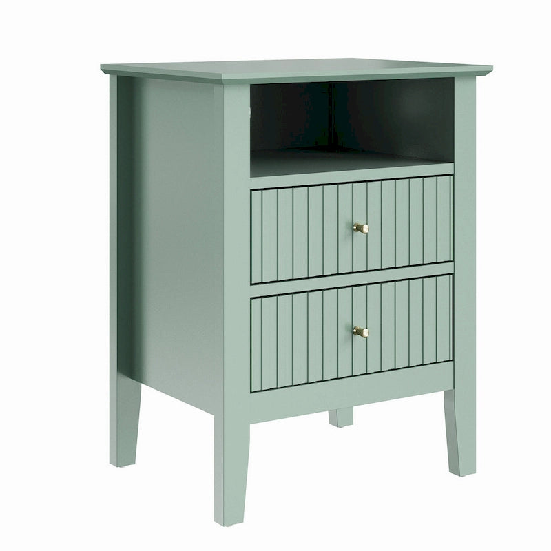 White Two-Drawer Nightstand with Charging Station and Open Shelf