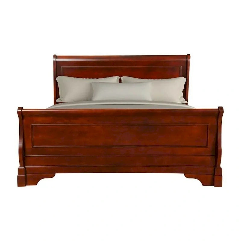 King Size Brown Wood Bed with Sleigh Panel Headboard