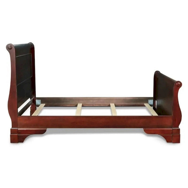 King Size Brown Wood Bed with Sleigh Panel Headboard