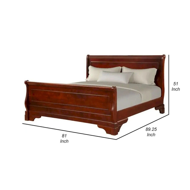 King Size Brown Wood Bed with Sleigh Panel Headboard