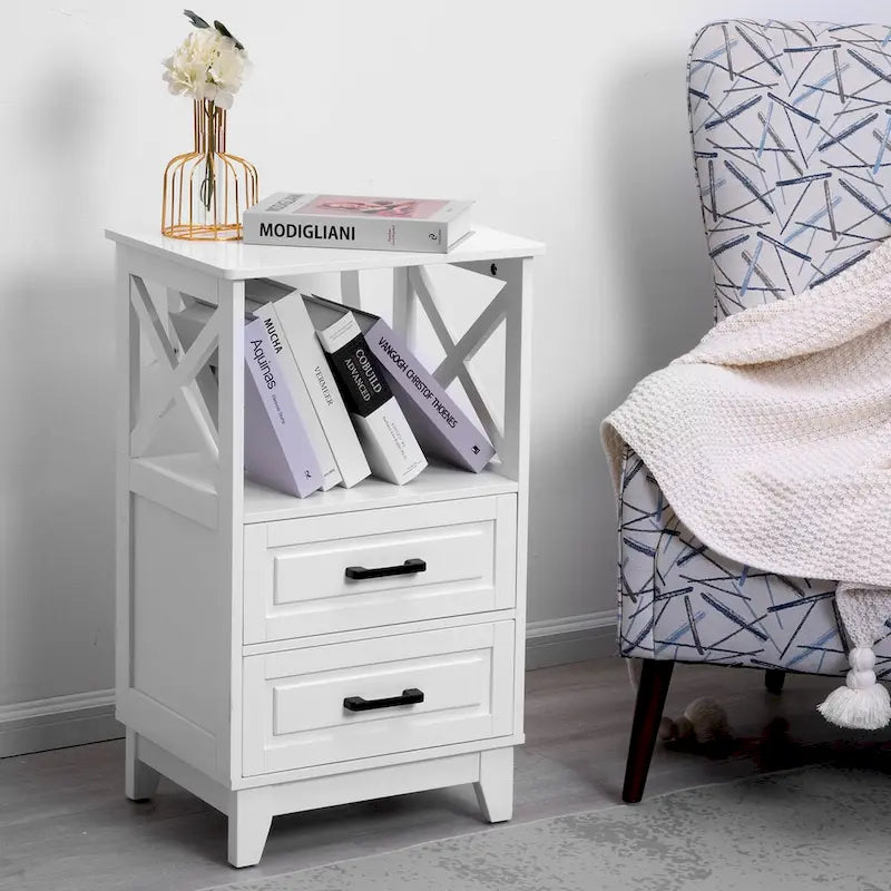 White Two-Drawer Storage Cabinet with Open Shelf