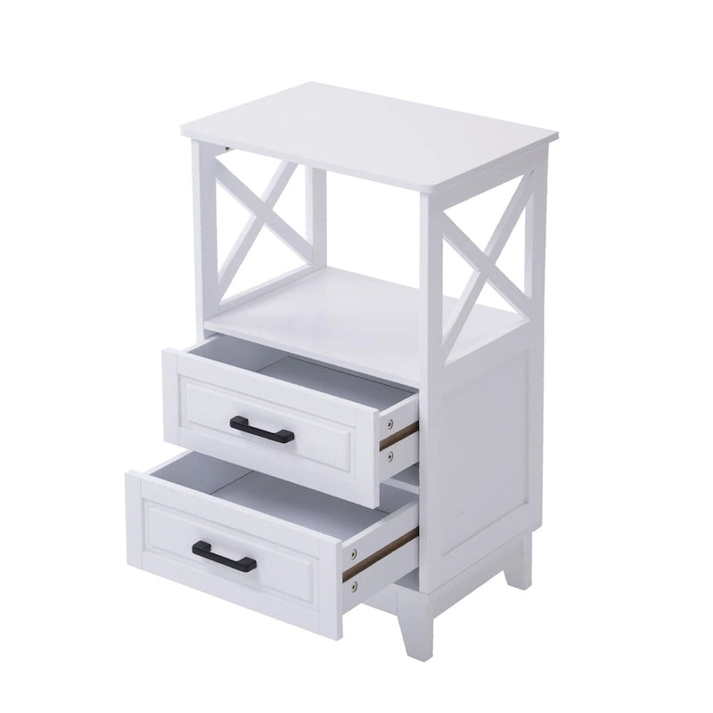 White Two-Drawer Storage Cabinet with Open Shelf