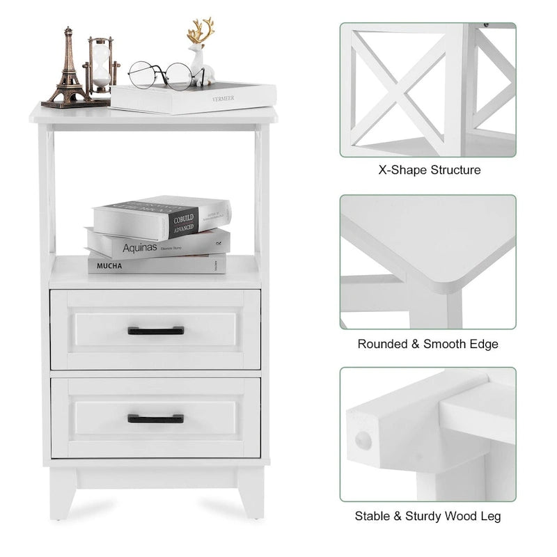 White Two-Drawer Storage Cabinet with Open Shelf